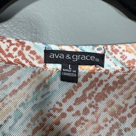 Ava & Grace Women's Brown & Blue Abstract Boho Top - Size Large - Semi-Sheer - Picture 4 of 5